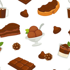 Chocolate and cocoa butter on bread slice products variety seamless pattern vector.