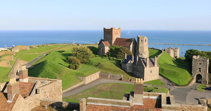 Dover Castle England to Church to English Channel to France. Dover Castle a medieval fort in Kent. Founded in the 11th century defensive significance and the largest castle in England.