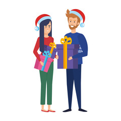 young couple with winter clothes and gifts