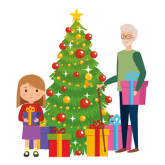grandfather with granddaughter and christmas tree