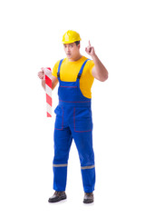Funny worker wearing coveralls with tape