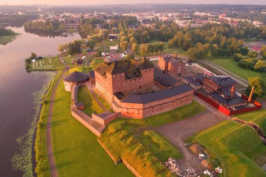 Hameenlinna fortress-prison in the early July morning (shot from a quadcopter). Finland