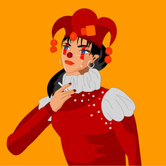 Girl in clown clothes, Smoking a cigarette