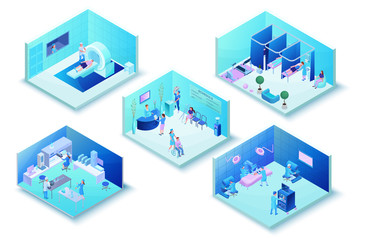 Medical clinic infographics with hospital hall interior, laboratory, surgery, physiotherapy, mri scanning, healthcare 3d isometric illustration wirh doctor, patient, diagnosis and treatment