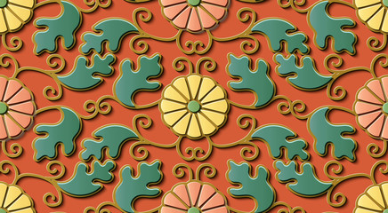 Seamless relief sculpture decoration retro pattern spiral curve cross leaf vine round flower
