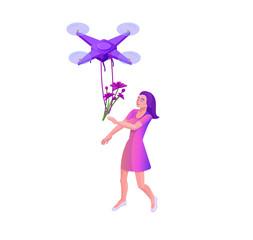 Obraz na płótnie Canvas Drone delivering parcel to hipster girl, landing page template with quadcopter, concept of delivery, autonomous photo and video innovation technolodgy, 3d isometric flat vector illustration