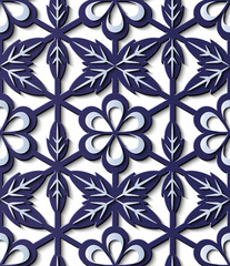 Fototapeta premium Seamless relief sculpture decoration retro pattern blue round curve cross polygon leaf flower