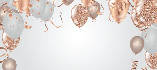 Happy birthday vector illustration. Confetti and ribbons gold orange balloon, confetti, design template for birthday celebration. art