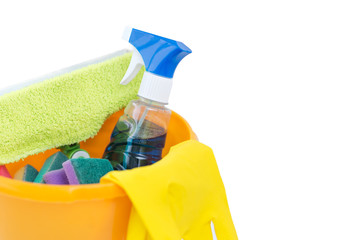 set of cleaning products. sponges, wipes, gloves, bucket on white background. isolated