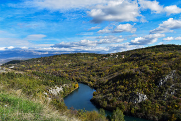 River canyon under the white clouds and beautiful sky/ river Cetina-Croatia
