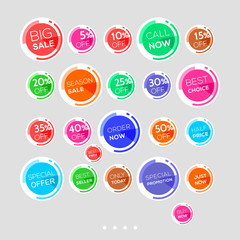 Set of bright abstract rounded sale stickers. Colorful circles on white background. Elements for stickers, web page ad, tickets, discount offer price labels, badges, coupons, flyers etc. In EPS 