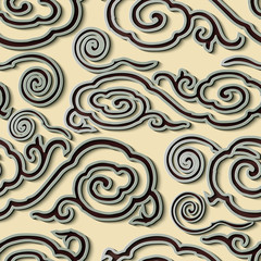 Seamless relief sculpture decoration retro pattern Asia spiral curve cross cloud frame line