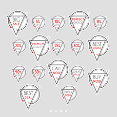 Set of minimalist graphic sale stickers. Circles and lines in black and red on white background. Elements for stickers, web page ad, tickets, discount offer price labels, badges, coupons, flyers etc. 