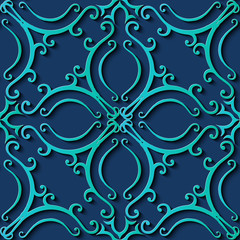 Seamless relief sculpture decoration retro pattern blue spiral curve cross frame vine