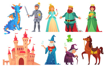 Fairy tales characters. Fantasy knight and dragon, prince and princess, magic world queen and king isolated cartoon vector set - obrazy, fototapety, plakaty