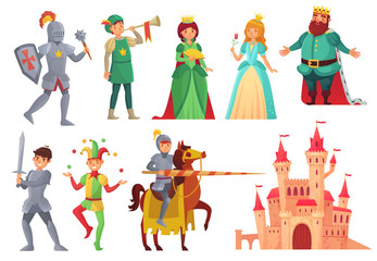 Medieval characters. Royal knight with lance on horseback, princess, kingdom king and queen isolated vector character set - obrazy, fototapety, plakaty