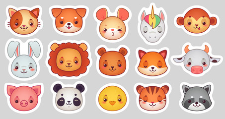 Dieren gezicht stickers. Schattige dierengezichten, kawaii grappige emoji-sticker of avatar. Cartoon vector illustratie set