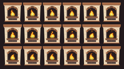 Animated fire in fireplace. Flames animation in retro home wood burning fireplaces isolated vector cartoon frames set