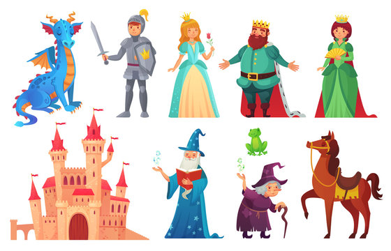 Fairy tales characters. Fantasy knight and dragon, prince and princess, magic world queen and king isolated cartoon vector set