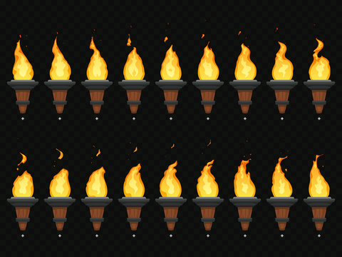 Torch fire animation. Burning cresset, flames on torches and flambeau animated loop sequence isolated vector set
