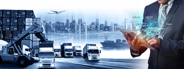 Container ship in import export and business logistic. Trade Port. Shipping, cargo to harbor and...
