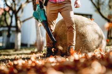 Professional gardener using heavy duty leaf blower in garden