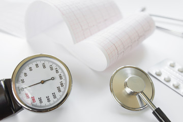 Medical manometer, cardiogram and stethoscope