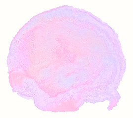 Lilac pastel watercolor hand-drawn isolated wash stain on white background for text, design. Abstract texture made by brush for wallpaper, label.