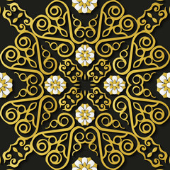 Seamless relief sculpture decoration retro pattern spiral gold vortex cross frame vine daisy flower crest