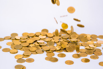 Movement of falling gold coin, flying coin, rain money with soft shadow on white background, business and financial wealth and take profit concept.
