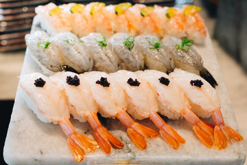 Fresh made Sushi with tiger shrimp. many type of ebi sushi.