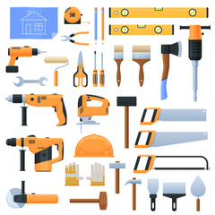 Vector set of construction tools, hand working flat tools for construction
