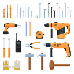 Vector set of construction tools, hand working flat tools for construction