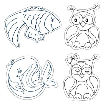 Set sticers of animals.Owls, whale, fish