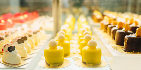 various mini cakes with chocolate, vanilla and lemon 