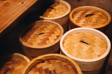 Dim sum steamers at a Chinese restaurant 