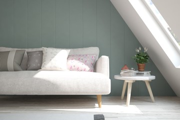 Obraz na płótnie Canvas White modern room with sofa. Scandinavian interior design. 3D illustration