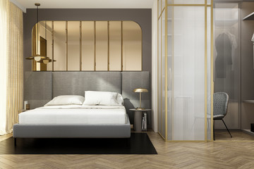 3d rendering luxury modern bedroom suite with wardrobe and gold decor