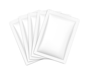 Set of blank sachet packaging for food, cosmetic and hygiene. Vector illustration on white background. Ready for your design. EPS10.