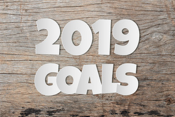 Paper cut of 2019 GOALS on old wooden background