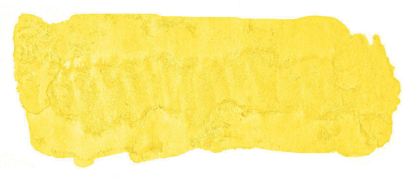 Yellow watercolor hand-drawn isolated wash stain on white background for text, design. Abstract texture made by brush for wallpaper, label. © ss404045