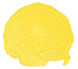 Yellow watercolor hand-drawn isolated wash stain on white background for text, design. Abstract texture made by brush for wallpaper, label.