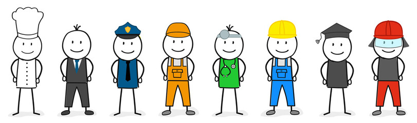 Berufe Strichmännchen / Koch / Business Man / Polizist / Fachkraft / Arzt / Handwerker / Student / Feuerwehr