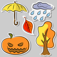 autumn stickers: umbrella, pumpkin halloween, leaf, tree, rain. Vector doodle sticker