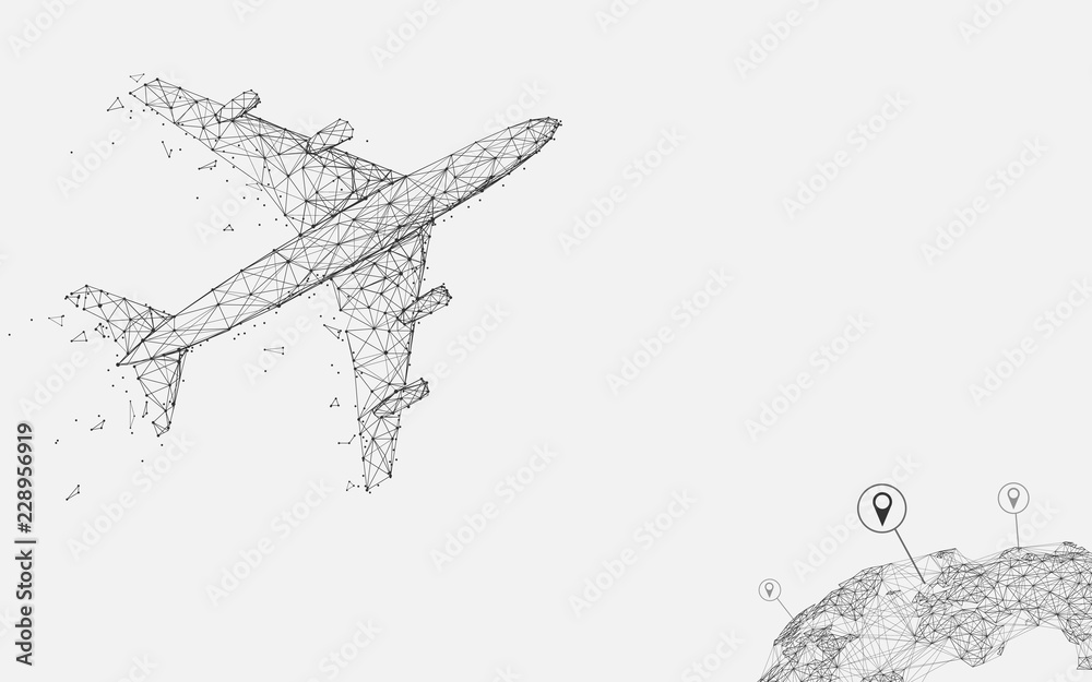 Fototapete airplane flying with location pin form lines, triangles and particle style design. illustration vect
