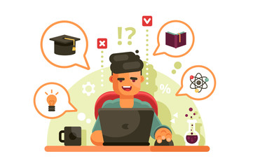 Man studying with laptop. Online education concept