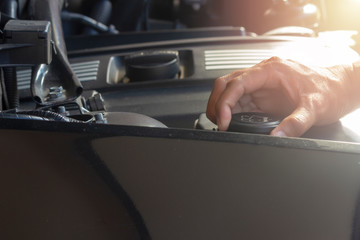 Obraz premium Car repair service, Hand man checking water level