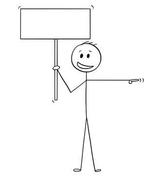 Cartoon Stick Drawing Conceptual Illustration Of Man Or Businessman With Arrogant Smile Pointing His Hand And Holding Empty Sign Ready For Your Text.