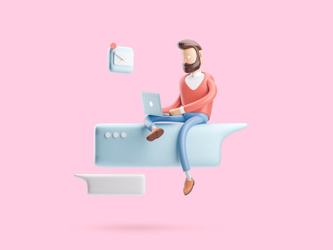 3d illustration. the guy is on the internet. social media concept