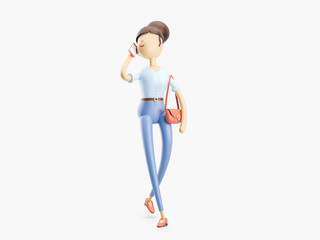 3d illustration. The girl is talking on the phone on the go